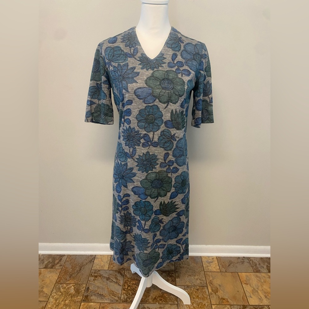 Handmade Floral Blue and Gray Dress 
At least 60yrs old size unknown see photos